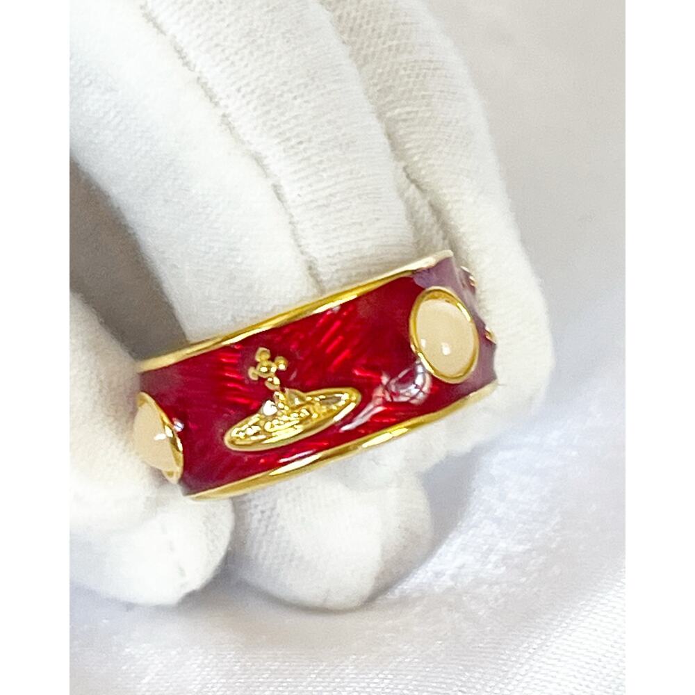 VIVIENNE WESTWOOD Ring Band Red Enamel Signature Orb Logo Gold Plated Pearl Bead